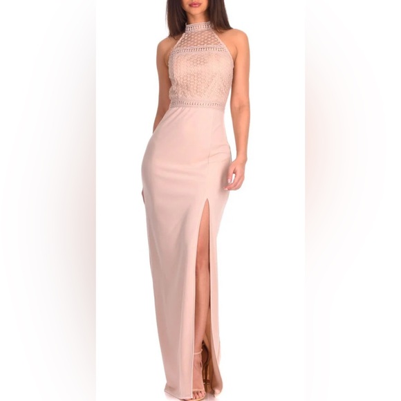 AX Paris Dresses & Skirts - AX Paris Nude Crochet Top High Neck Maxi Dress Women’s Size 12